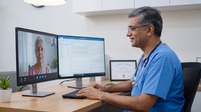 Telemedicine Consultation: A compassionate doctor engages in a virtual medical consultation with an elderly patient via a video call, demonstrating the accessibility of modern healthcare.