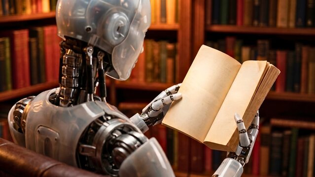 Humanoid robot reading book in library representing future of knowledge automation