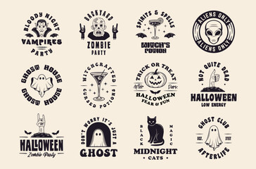 Fototapeta na wymiar Retro Halloween emblems with ghosts monsters and cocktails