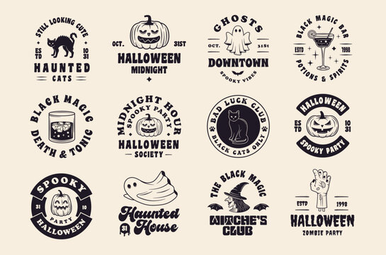 Vintage Halloween badges with cats ghosts pumpkins and witch