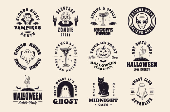 Retro Halloween emblems with ghosts monsters and cocktails