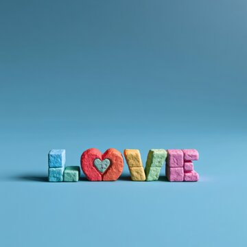 Soft clay blocks create a colorful pattern on a blue background, spelling a love symbol in a playful arrangement of shapes.
