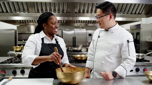Chef explains cooking process to assistant in kitchen setting