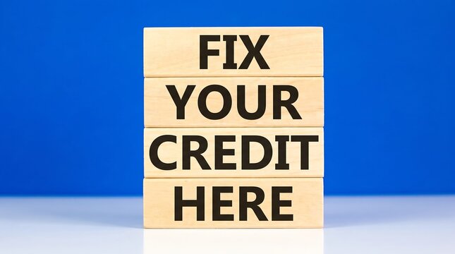 Fix your credit here text on wooden blocks. Financial repair and credit score improvement concept. Debt management and banking advice.