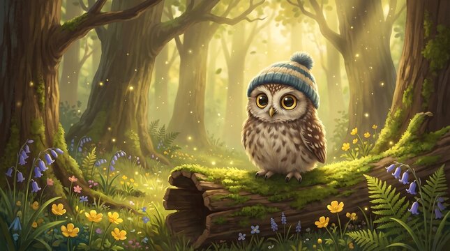 Whimsical baby owl wearing blue knit hat in enchanted forest, cute owlet on mossy log, magical woodland scene with sunbeams