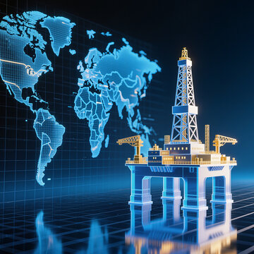Offshore Oil Rig with World Map, Global Energy Industry and Crude Oil Market Concept