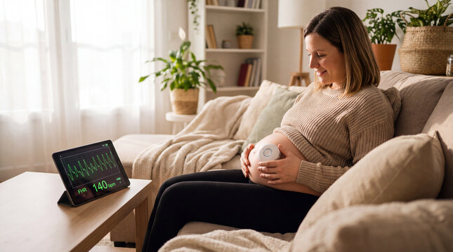 Expecting Joy: A serene pregnant woman, glowing with anticipation, monitors fetal heart rate on a digital device at home.