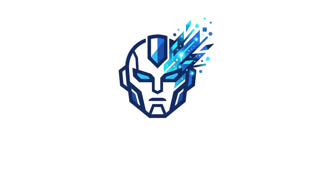 Futuristic robot face logo design with glowing blue digital sparks and pixel fragments, symbolizing artificial intelligence, tech innovation, and machine learning isolated on white background.