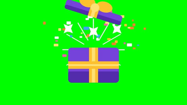 Purple Gift Box Opens With Stars and Confetti on Green Screen