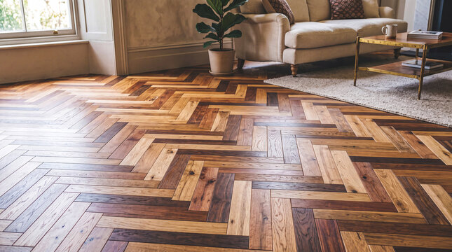 Beautifully crafted herringbone wood flooring in a modern living space