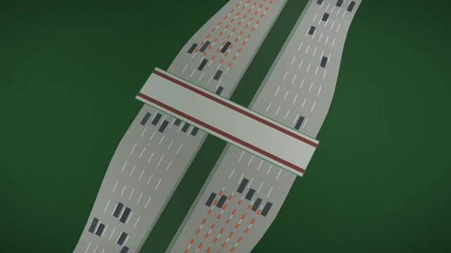 Toll Plaza Crane Top-Down Illustration, Isometric Highway Booth Animation, Overhead Traffic Camera View, Dark Green Background, Orange Safety Cone, Grey Concrete Road, Minimal Vector Style, Vehicle