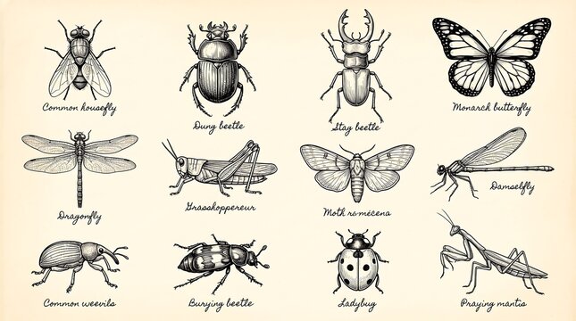 Vintage insect illustrations set, antique biological sketches of beetles and butterflies, 12 engraved bug specimens on aged paper