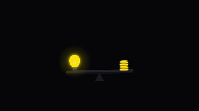 A glowing light bulb outweighs gold coins on a balance scale, illustrating the greater value of innovative ideas and creativity over monetary capital