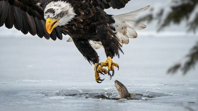 Majestic bald eagle catching fish in a frozen lake during winter