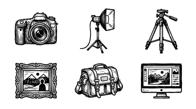 Hand drawn photography equipment icons set