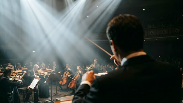 Classical Orchestra Performing in Concert Hall with Conductor Under Stage Lighting