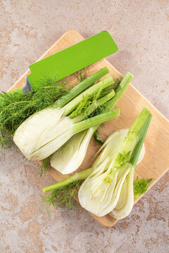 Fresh florence fennel bulb, on white textured background, flat lay