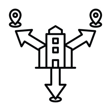 Minimalist line icon showing a central building with arrows pointing to multiple destination location pin markers