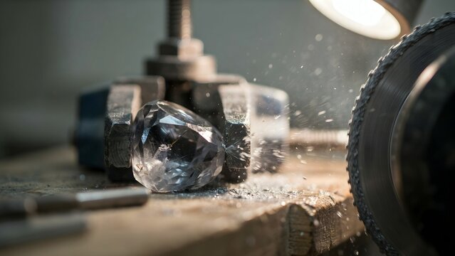 Close-up of diamond being cut with saw and machinery in workshop setting