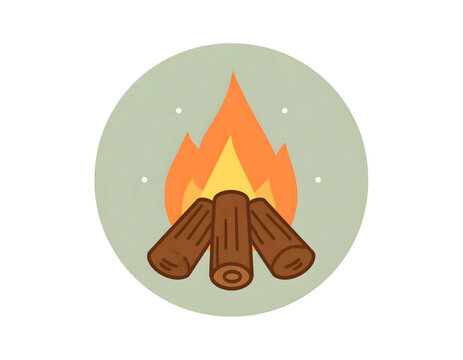 Stylized campfire icon with burning wood logs in a circular badge, flat illustration