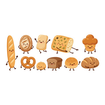 Cute kawaii bread characters and bakery pastry vector set