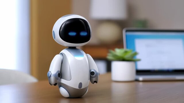 Cute small robot talking and gesturing during an interactive communication demonstration