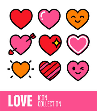 Love Icon Collection With Cute Smiling Hearts Cupid Arrows and Sparkles for Logo and Graphic Design
