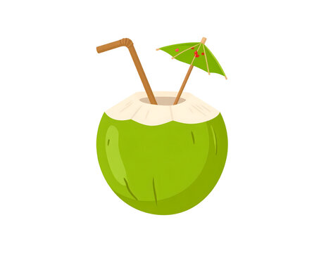 Fresh green coconut drink with straw and umbrella vector illustration