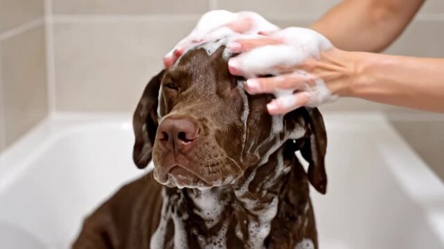 Chocolate dog receiving gentle bath indoors with soapy lather for hygiene