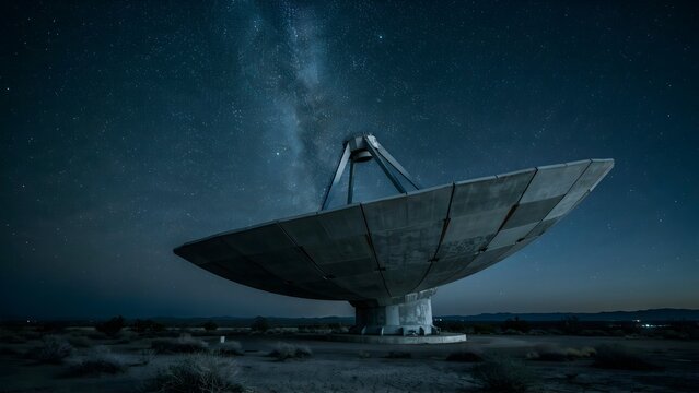 Large Radio Telescope Dish Under Night Sky with Milky Way in Clear Atmosphere