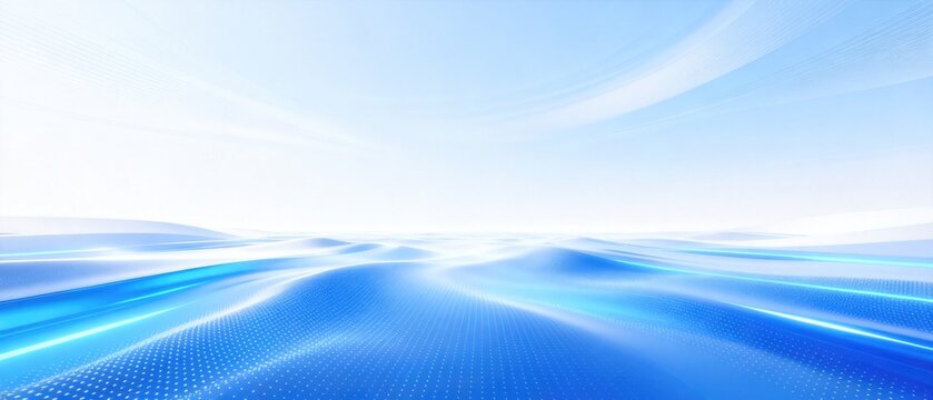 Abstract blue and white digital landscape with flowing luminous waves and dotted technology surface, idea for data flow, network connectivity, innovation and futuristic business background