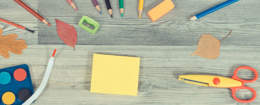 School accessories for learning. Back to school. Development of creativity and kids motor skills