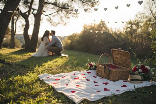 Romantic couple sharing a tender moment during sunset picnic in beautiful green park setting