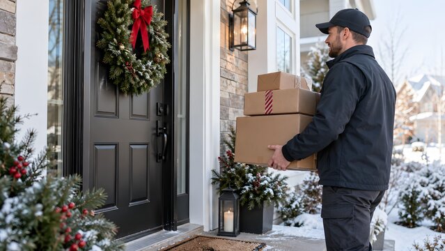 A delivery person carrying packages to a house adorned with Christmas decorations. The snow-covered porch and wreath on the door indicate a winter holiday season
