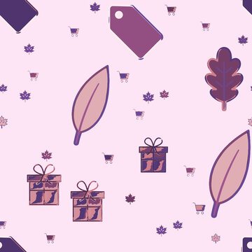 Seamless pattern of gifts, carts, leaves, and price tag