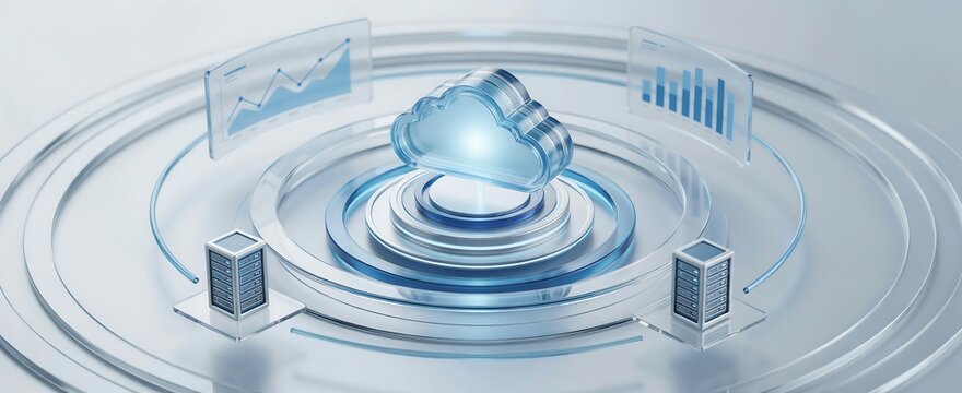 Futuristic cloud computing interface with digital data analytics and server infrastructure.