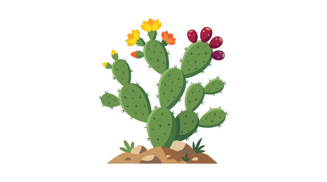 Prickly pear cactus with flowers and fruit on a white background