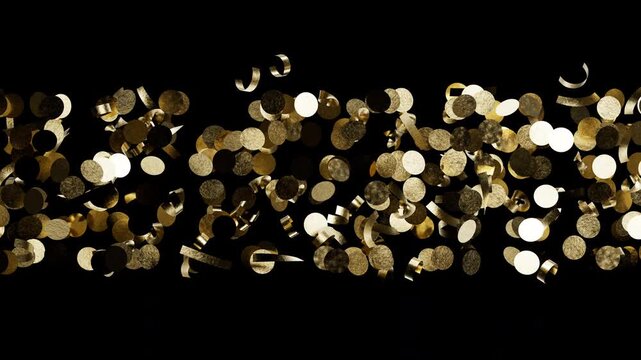 Golden textured confetti falling slowly against a black background