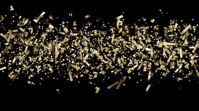 Golden confetti streamers and glitter particles falling on black