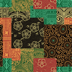 Obraz premium Japanese fabric tapa cloth and maori tattoo patchwork abstract vector seamless pattern for fabric summer wear shirt pillow tablecloth carpet poster towel rug