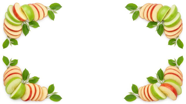 Sliced apples arranged in corners on white background