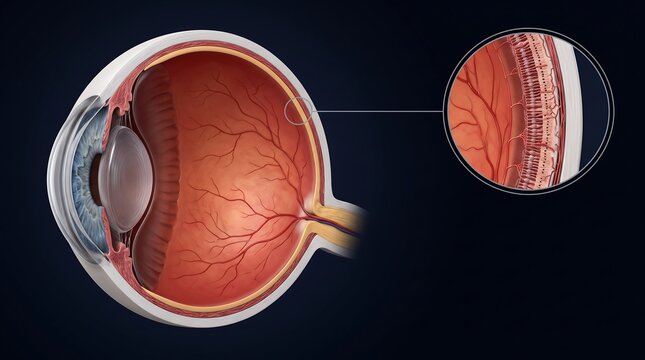 Detailed anatomical cross-section of the human eye showing internal structures and a magnified view of the retina layers.