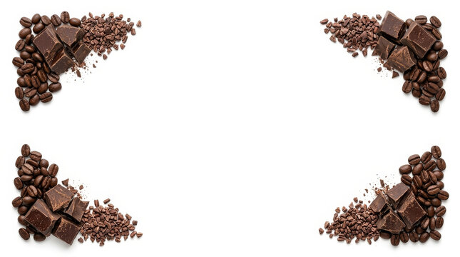 Coffee beans and chocolate pieces arranged in corners on white