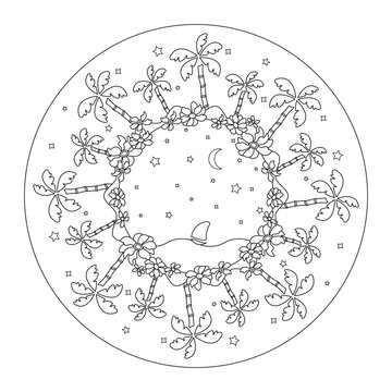 Mandala. Sailboat sailing surrounded by palm trees.