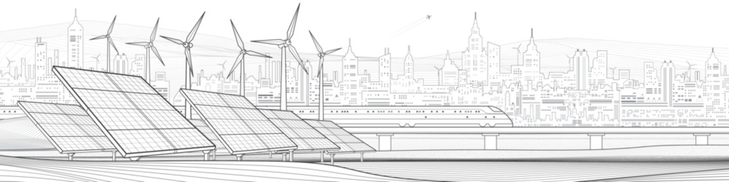 Panoramic line art illustration of a sustainable smart city with solar panels, wind turbines and high speed train. Modern urban skyline with renewable energy infrastructure, clean technology and green