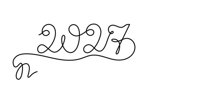 Wine champagne cocktail clinking glass celebrating 2027 new year one line art animation, continuous drawing contour motion. Cheers toast festive hand-drawn holiday decoration, year of goat 4k self-dra