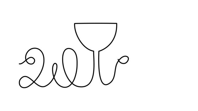 Wine champagne cocktail clinking glass celebrating 2027 new year one line art animation, continuous drawing contour motion. Cheers toast festive hand-drawn holiday decoration, year of goat 4k self-dra