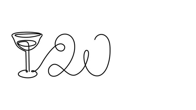 Wine champagne cocktail clinking glass celebrating 2027 new year one line art animation, continuous drawing contour motion. Cheers toast festive hand-drawn holiday decoration, year of goat 4k self-dra