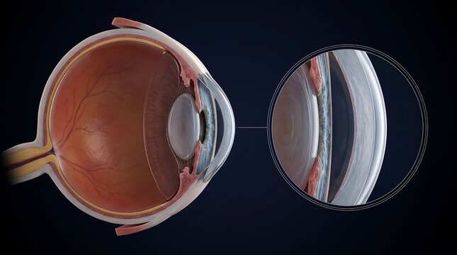 Detailed anatomical illustration of a human eye with a magnified view of the cornea and an intracorneal ring segment implant for vision correction.