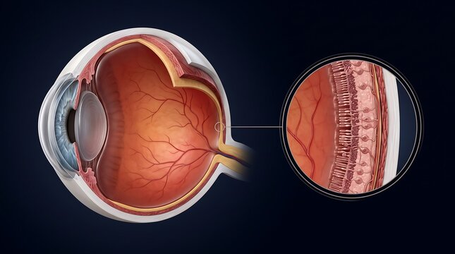 Detailed anatomical illustration of the human eye with a magnified view of the retina and its intricate layers, showing the optic nerve and blood vessels.